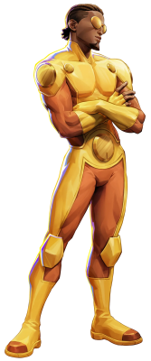 Muscular golden-suited superhero with goggles and crossed arms, standing confident in sleek armor — Invincible VS Integrate