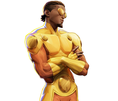 Gold-armored superhero with braided hair and mirrored goggles, arms crossed in a confident pose — Invincible VS Integrate