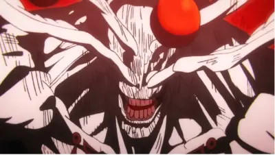 Mahoraga (Jujutsu Kaisen) — monstrous black-and-white skeletal face with a wide toothy grin, a glowing red orb on its forehead and writhing limbs reaching outward.