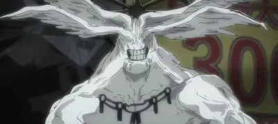 Mahoraga (Jujutsu Kaisen), towering pale muscular cursed spirit with a wide toothy grin, winglike horn appendages and a chain collar.