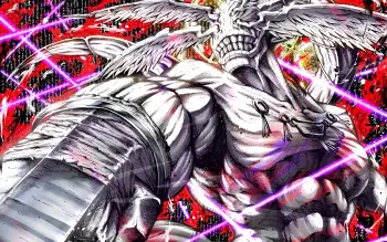 Mahoraga (Jujutsu Kaisen): towering winged, muscled humanoid with a skeletal mask and chains, amid a chaotic red background streaked with glowing purple energy.
