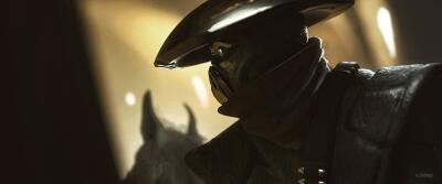 Embo (Star Wars) — cloaked bounty hunter in a wide-brimmed hat and mask, shown in a warm, backlit close-up.