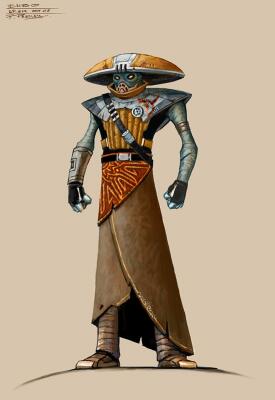 Embo (Star Wars) in full view: Kyuzo bounty hunter with wide brimmed hat, masked goggles, layered armor, teal sleeves and a long brown robe with patterned sash, gauntleted hands at his sides.