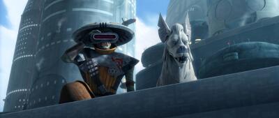 Embo (Star Wars) in his wide-brimmed hat and armor stands on a ledge beside a large white canine-like beast, overlooking a futuristic city with towering buildings under a blue sky.