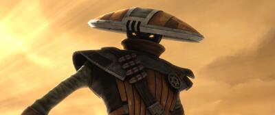 Embo (Star Wars), wide-brimmed hat and armored vest with sash and shoulder pauldrons, shown in three-quarter back view against a glowing golden sky.