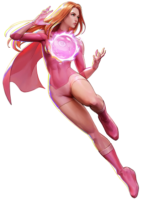 Female superhero in a pink bodysuit and cape, labeled Invincible VS, soars while conjuring a glowing purple energy orb, focused expression.