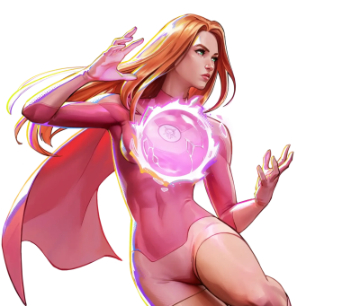 Invincible VS Integrate — female superhero in a pink bodysuit and cape, conjuring a pulsating energy orb at her chest while poised in a powerful, dynamic battle stance.