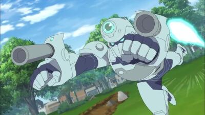 Zoe (Invincible) in a white armored flight suit lunges over a park, dual arm cannons and glowing thruster firing as she charges forward with a clenched fist.
