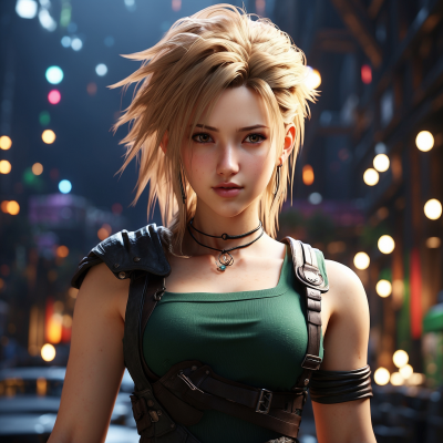 Final Fantasy VII character with spiky blonde hair and green dress standing in a neon-lit cityscape.