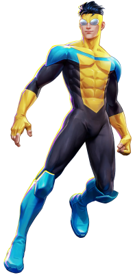 Invincible VS Integrate: muscular blue-and-yellow superhero hovering, sunglasses, clenched fist, sleek boots and form-fitting suit.