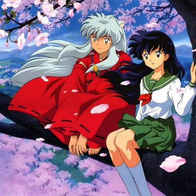 InuYasha, with silver hair and red clothing, sits on a tree branch beside a girl in a school uniform. Cherry blossoms gently fall around them in a vibrant, colorful landscape.