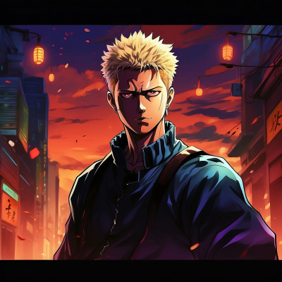 Illustration of a determined anime character from Jujutsu Kaisen, standing in a city street at dusk with glowing streetlights and a vibrant sky.