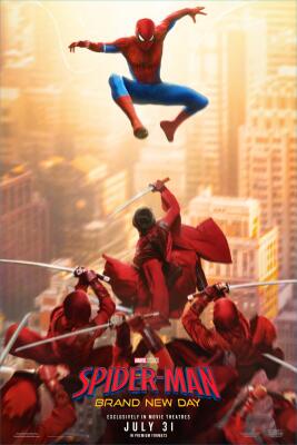 Poster for Spider-Man: Brand New Day showing Spider-Man leaping above a sunlit city as red-clad swordfighters surround him on nearby rooftops.