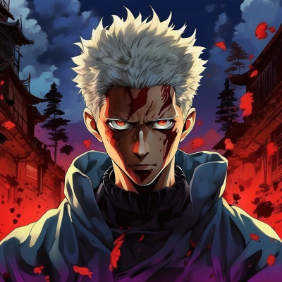 Illustration of a powerful character from Jujutsu Kaisen anime with spiky white hair and intense red eyes against a dramatic backdrop.