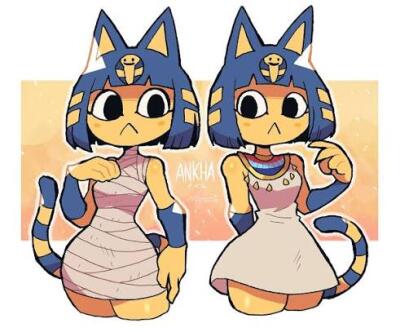 Two stylized Ankha from Animal Crossing: New Horizons stand side-by-side: left wrapped as a mummy, right in a white dress with Egyptian collar against a peach background.