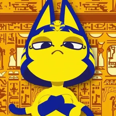 Ankha from Animal Crossing: New Horizons, a regal yellow-and-blue cat with crossed arms and a cobra headpiece, posed before a golden wall of Egyptian hieroglyphs.